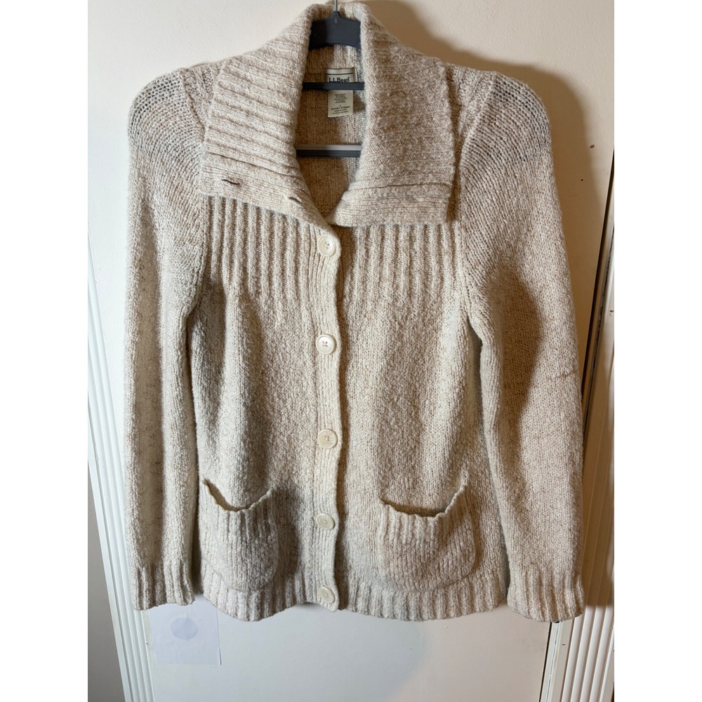 LL Bean Womens Cream Marled Knit Button Cardigan Wool Blend Sweater L 278385